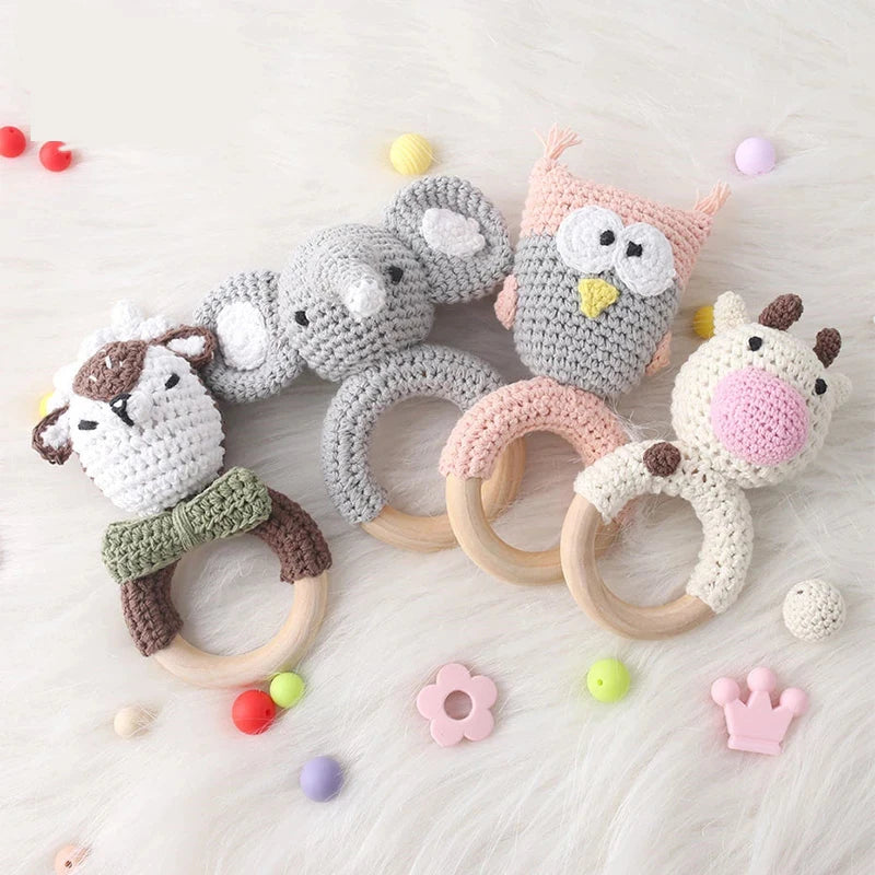 Baby Crochet Animal Rattle Wooden Toys for Children BPA Free Wood Rattle Baby Teether Stroller Game Educational Toy Newborn Gift