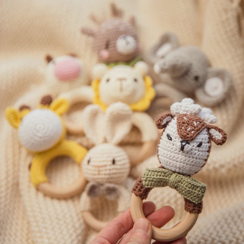 Baby Crochet Animal Rattle Wooden Toys for Children BPA Free Wood Rattle Baby Teether Stroller Game Educational Toy Newborn Gift