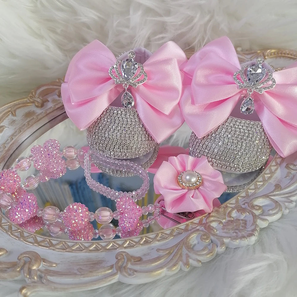 Handmade Bow Rhinestones Baby Girl Kids Shoes Hairband Pacifier Clip Comb First Walker Sparkle Bling Crystals Shower Gift