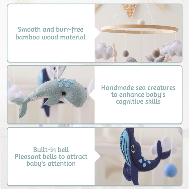Wooden Baby Rattles Soft Felt Sea Animal Whale Scallop Cloud Hanging Pendant Bed Bell Mobile Crib Montessori Toys For Kids Gift